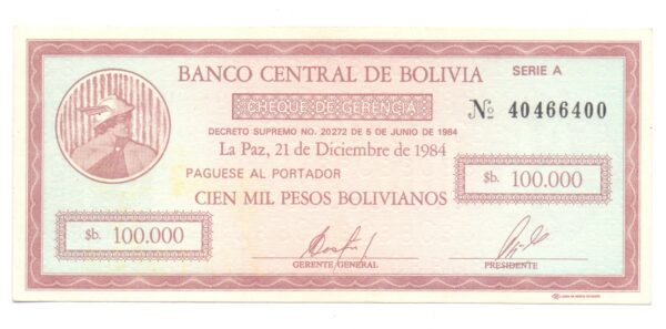BOLIVIA 10 CENTAVOS DE BOLIVIANO RESELLADO SOBRE 100.000 PESOS BOLIVIANOS #197 SC ND (1987) - Imagen 2
